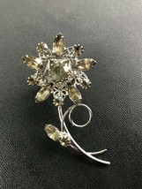 Vintage Lacey Silvertone w Smokey Gray Rhinestones Flower &amp; Stem Pin Brooch – - $14.89