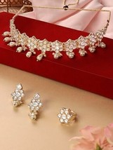 Gold Tone Kundan Beads Choker Necklace Earring &amp; Ring Set For Women Jewelry Set - £17.16 GBP