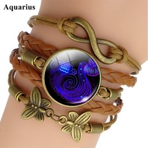 12 Zodiac Sign Woven Leather Bracelet Aquarius Pisces Aries Taurus Constellation - £10.34 GBP