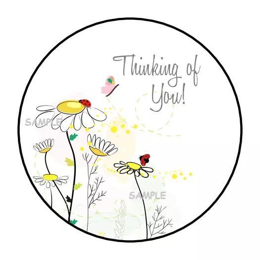 30 Stickers Thinking Of You Envelope Seals Labels 1.5&quot; Round Daisies Ladybugs - £9.14 GBP