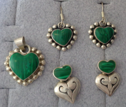 Sterling Silver Green Malachite Pendant Earrings Set Lot Hearts Bead Scroll Mex - £31.23 GBP