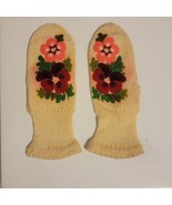 Vintage 50s Swedish Hand Knit Floral Acrylic Gloves Ladies / Teens S READ - €30,74 EUR