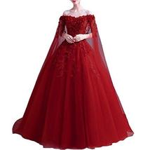 Plus Size Off Shoulder Long Lace Beaded Prom Wedding Dresses With Cape Wine Red  - £189.23 GBP