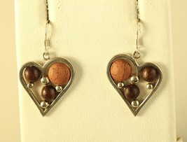 Vintage Sterling Signed 925 Heart Inlay with Wooden balls accent Hook Earrings - £39.56 GBP