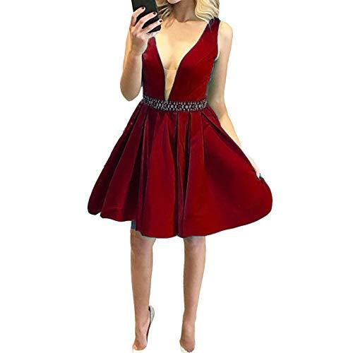 Kivary Plus Size Sheer V Neck Beaded Waist Prom Homecoming Party Dress Wine Red