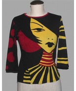 VTG NOUN PARIS Women&#39;s Faces Stripes Polka Dots 3/4 Sleeves Pullover Top... - $66.54 CAD