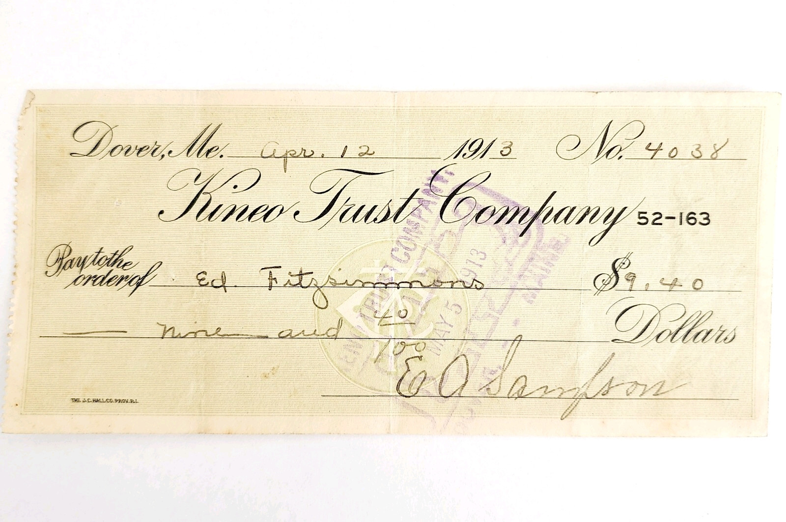 1913 Kineo Trust Company Bank Check E.A. Sampson Dover Maine Signed 4038 CHX5 Item image 2