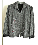 Ladies Jacket Size M Textured B/W Zip Front Floral Embroidery Accent L/S... - £9.33 GBP