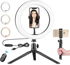 Desk LED Ring Light 10.2 with Stand &amp;  2 Phone Holder, Dimmable Desktop Selfie - £19.38 GBP