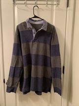 Men&#39;s Striped Polo Shirt Long Sleeve Button Pullover Size Unknown Blue Gray - $42.60 CAD