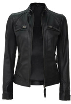 Women&#39;s Slim Fit Motorcycle Biker Real Black Leather Jacket - £43.12 GBP+