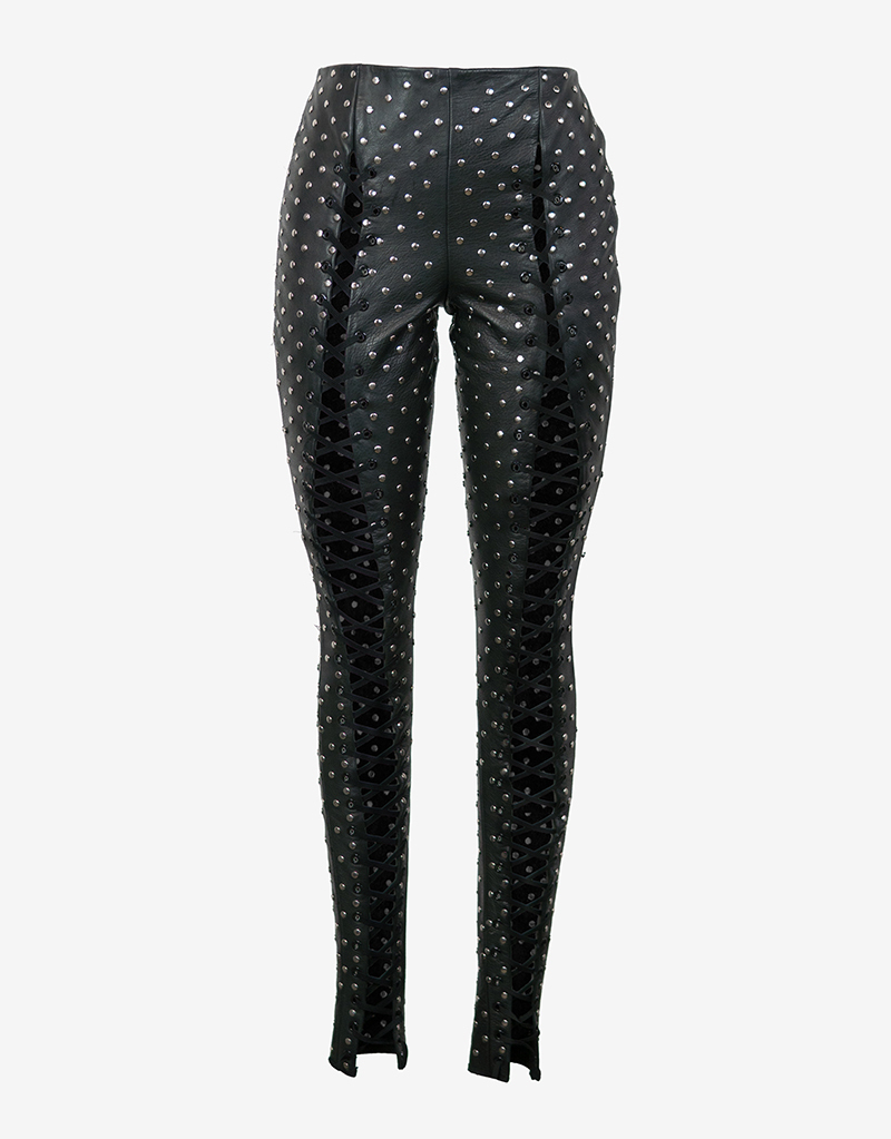 Women Straight  Silver Studded Genuine Black  Leather  Pants Mono ectric Jeans