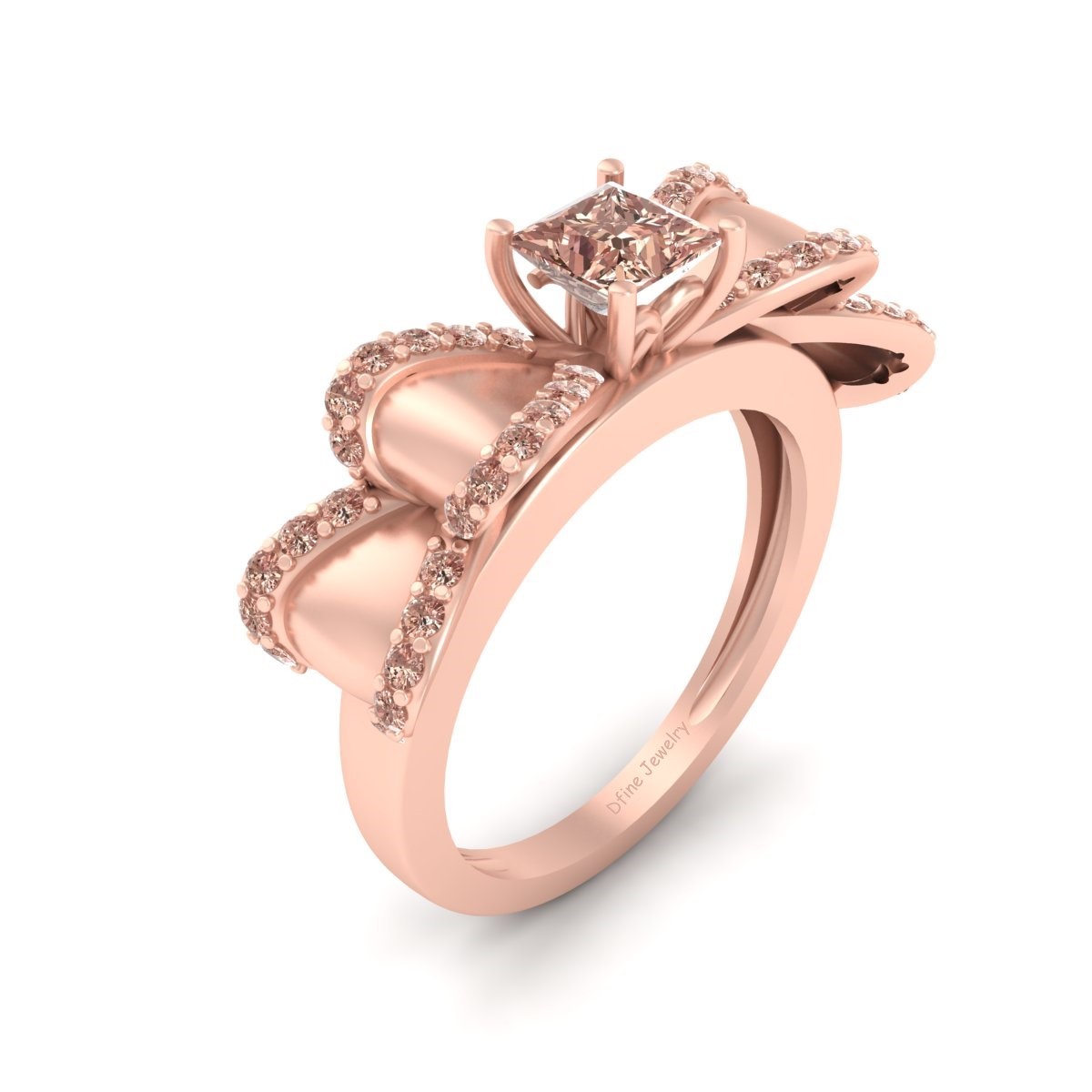 Solid 14k Rose Gold Engagement Ring Women Ribbon Bow Ring Champagne Diamond Ring - $959.99