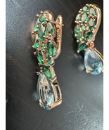 585 14K RG Stamped Radiant Green Blue Feathers Dangle Stud Earrings - €35,01 EUR