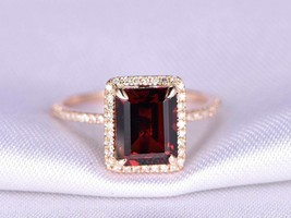 Delicate 3.00Ct Emerald Cut Red Garnet Halo Engagement Ring 14K Rose Gold Finish - £89.91 GBP