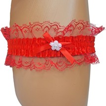 Satin Leg Garter Lace Ruffle Trim Mini Bow Faux Jewel Flower Accent Red 3555 - £5.99 GBP