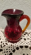  Vtg Hand Blown Ruby Red Crackle Glass Mini Pitcher With Yellow Glass Handle - £13.41 GBP
