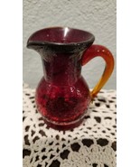  Vtg Hand Blown Ruby Red Crackle Glass Mini Pitcher With Yellow Glass Ha... - $22.82 CAD