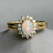 1.25Ct Oval Cut Fire Opal &amp; Diamond Pretty Engagement Ring 14k Yellow Gold Over - £64.26 GBP