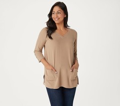 Linea by Louis Dell&#39;Olio Pebble Crepe V-Neck Top with Studs in Chino X S... - £7.44 GBP