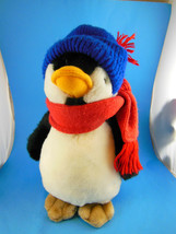 Vintage Penguin Plush Red scarf blue winter hat 11&quot; 1983 Korea Carousel by Guy - £11.86 GBP