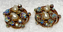 Vintage Florenza Clip Earrings Pearl w Blue Watermelon Rhinestone 1 1/8" - $32.18