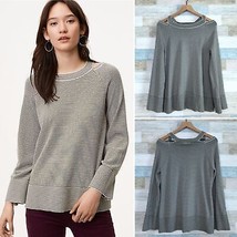 LOFT Striped Cutout Swing Sweater Gray White Flared Sleeves Ribbed Women... - $24.74