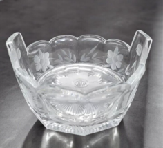 Vintage Etched Flower Crystal Bowl with Insert Raised Handles Starburst Base - $21.28