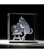 NEW Kitty Cat &amp; Fish Bowl 3D Crystal Cube Paperweight Laser Engraved 2 in. - $13.95