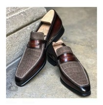 Custom Handmade Men&#39;s leather formal Crocodile Texture Slip on leather shoes - $128.69