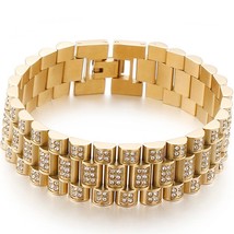 Hiphop 18MM Wide Watch Strap Chain On Hand Bracelet for Men Gold Plated Stainles - £39.62 GBP