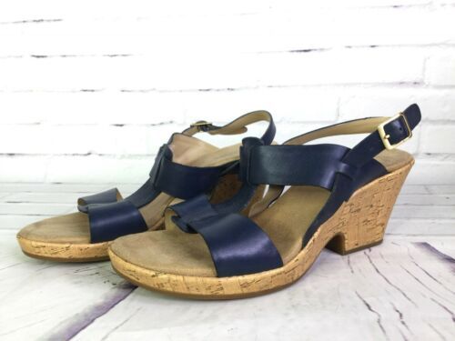 CLARKS Womens Size 10 Blue Cork Wedge Platform Leather Sandals Shoes Comfortable - $33.25