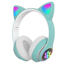Flash Light Cute Cat Bluetooth Wireless Headphone with Mic Green - £20.18 GBP