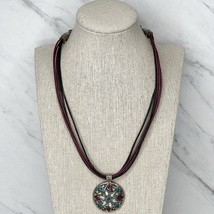 Chico&#39;s Multi Strand Leather Cord Enamel Boho Flower Pendant Necklace - £10.19 GBP