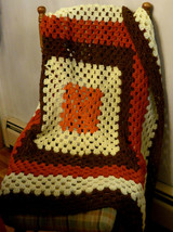 Granny Square Crocheted Afghan 38&quot; Throw Blanket Brown/Orange Artisan Hand Made - £23.70 GBP