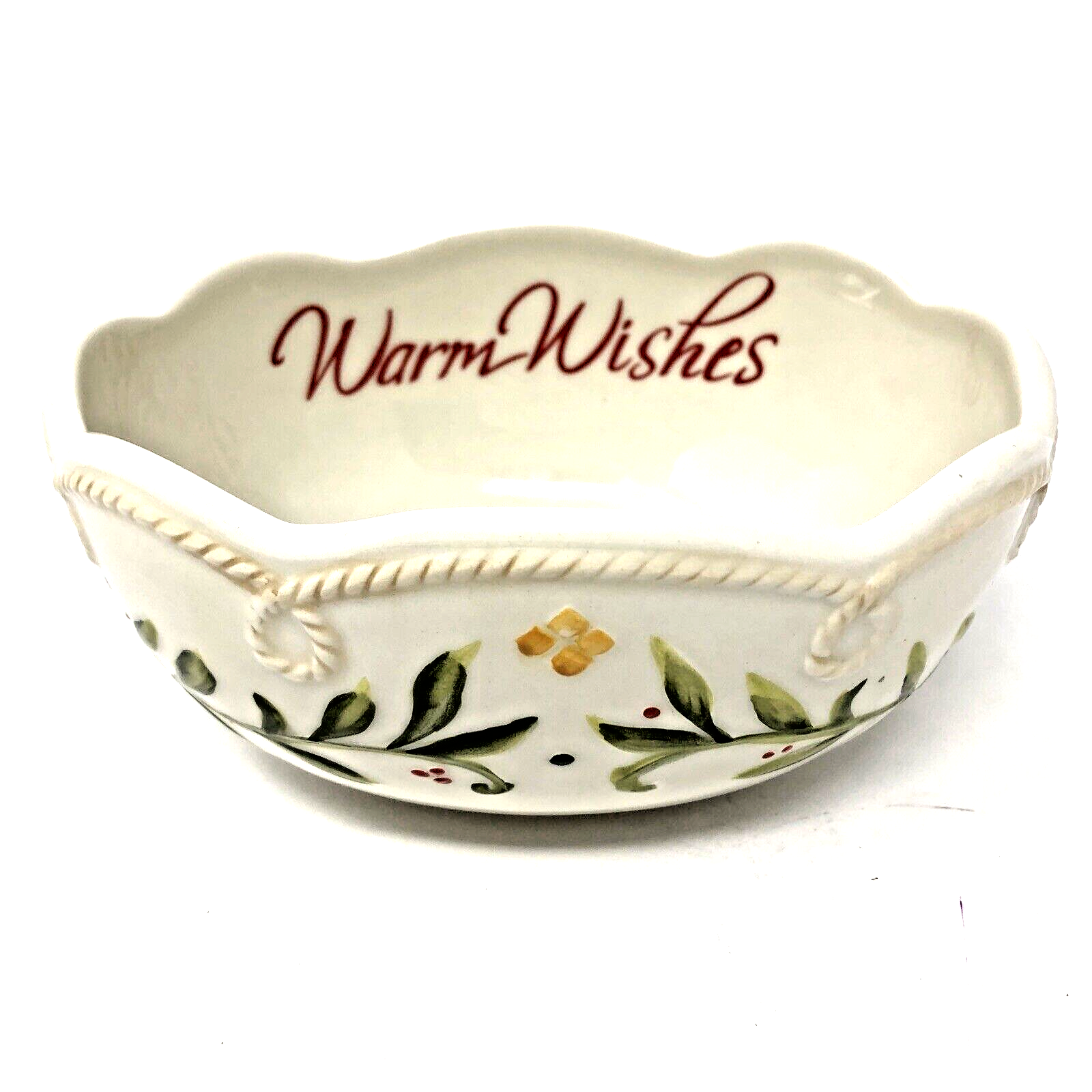 Fitz and Floyd Christmas Bowl Warm Wishes Sentiment Holiday  Holly Berries Gift - $15.99