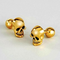 Skull Cufflinks Heavy Well Made Gold Plate New W Gift Bag Skeleton Fixed Back - £11.90 GBP