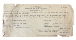 U.S. Treasury Bureau War Risk Insurance Recipt 1919 WWI - £14.15 GBP