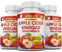 3 X Pure Weight Loss Fat Burner Diet Pills Pure Apple Cider Vinegar Acv 3000mg - £17.20 GBP