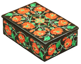 6&quot;x4&quot;x2&quot; Black Marble Jewelry Trinket Box Carnelian Malachite Inlay Deco... - $7,073.18 MXN