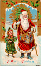 Postcard Santa With Child Toys Decorations Gold Backing Early 1900s Unposted - £24.20 GBP