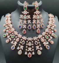 Indian Rose Gold Plated Multicolor Bollywood Style Necklace CZ Jewelry Set - £106.17 GBP
