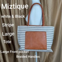 Miztique White &amp; Black Striped Front Slip Pocket Large Tote - £15.72 GBP