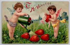 Valentine Cute Cherubs Watering Hearts In The Garden Embossed Postcard N28 - £12.78 GBP