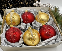 Set of red and gold Christmas glass balls,hand painted ornaments with gifted box - £42.70 GBP