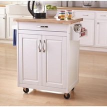 Kitchen Island On Wheels Cart Table White Portable Furniture Wood Top Storage  - £177.96 GBP