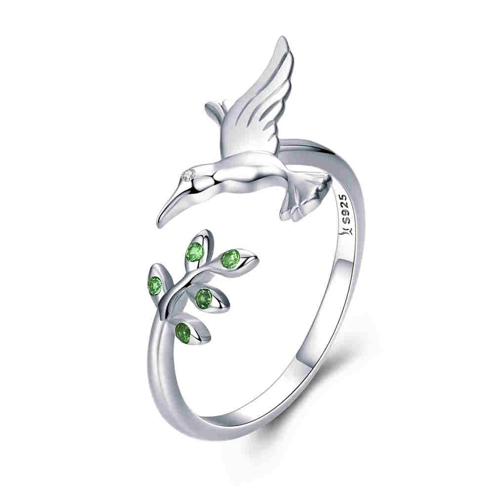 Authentic 925 Sterling Silver Hummingbird &amp; Leaves Ring For Women Nature Style S - $22.94