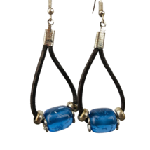Blue Glass Dangle Earrings Brown Leather Cord Silver Accent Earrings Handmade - £20.02 GBP