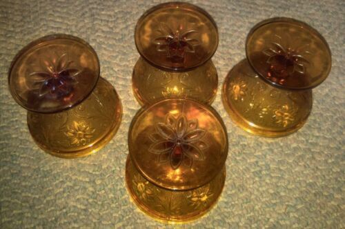 Lot of 4 VIntage Amber Sherbet Cups Glass Sundae Daisy Floral Pressed  - $34.99