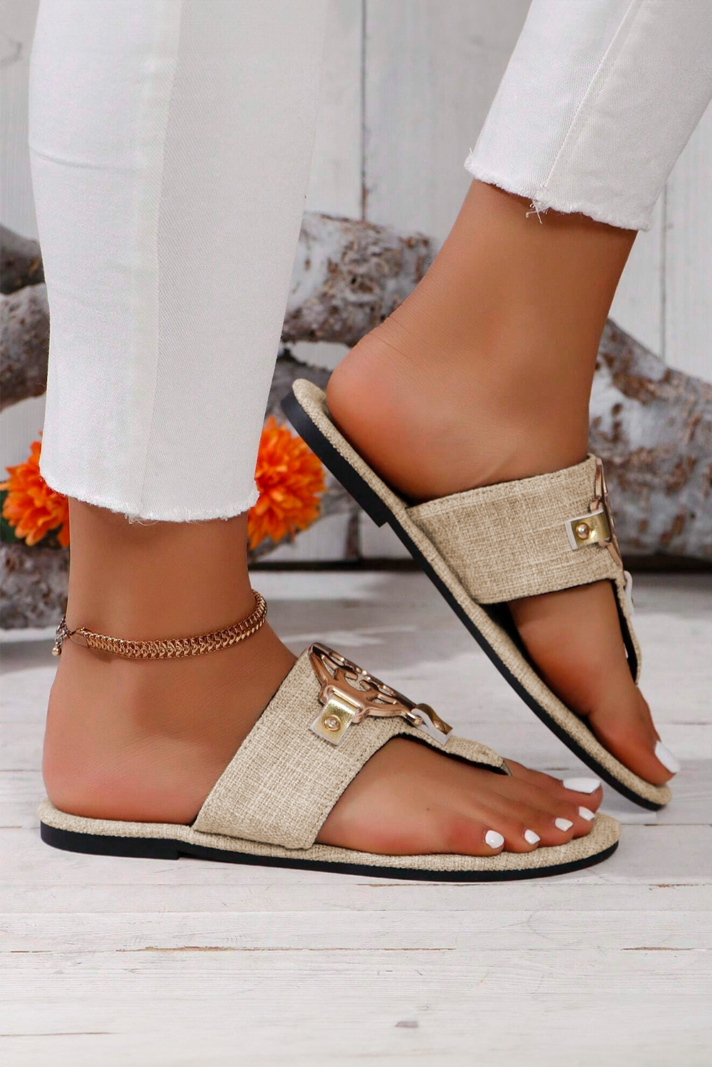 Beige Metal Decor Leather Thong Slippers Item image 2